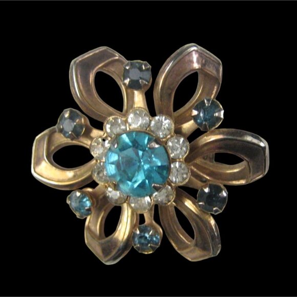 MCM Brooch Pin Goldtone Vintage 1960 Starburst Sunburst MOD Rhinestone Flower - Picture 5 of 5